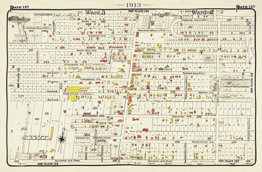Plate 127, Toronto North, Eglinton & Yonge, 1913, map on heavy cotton canvas, 20 x 30" or 50 x 75cm. approx. - The Map Chest