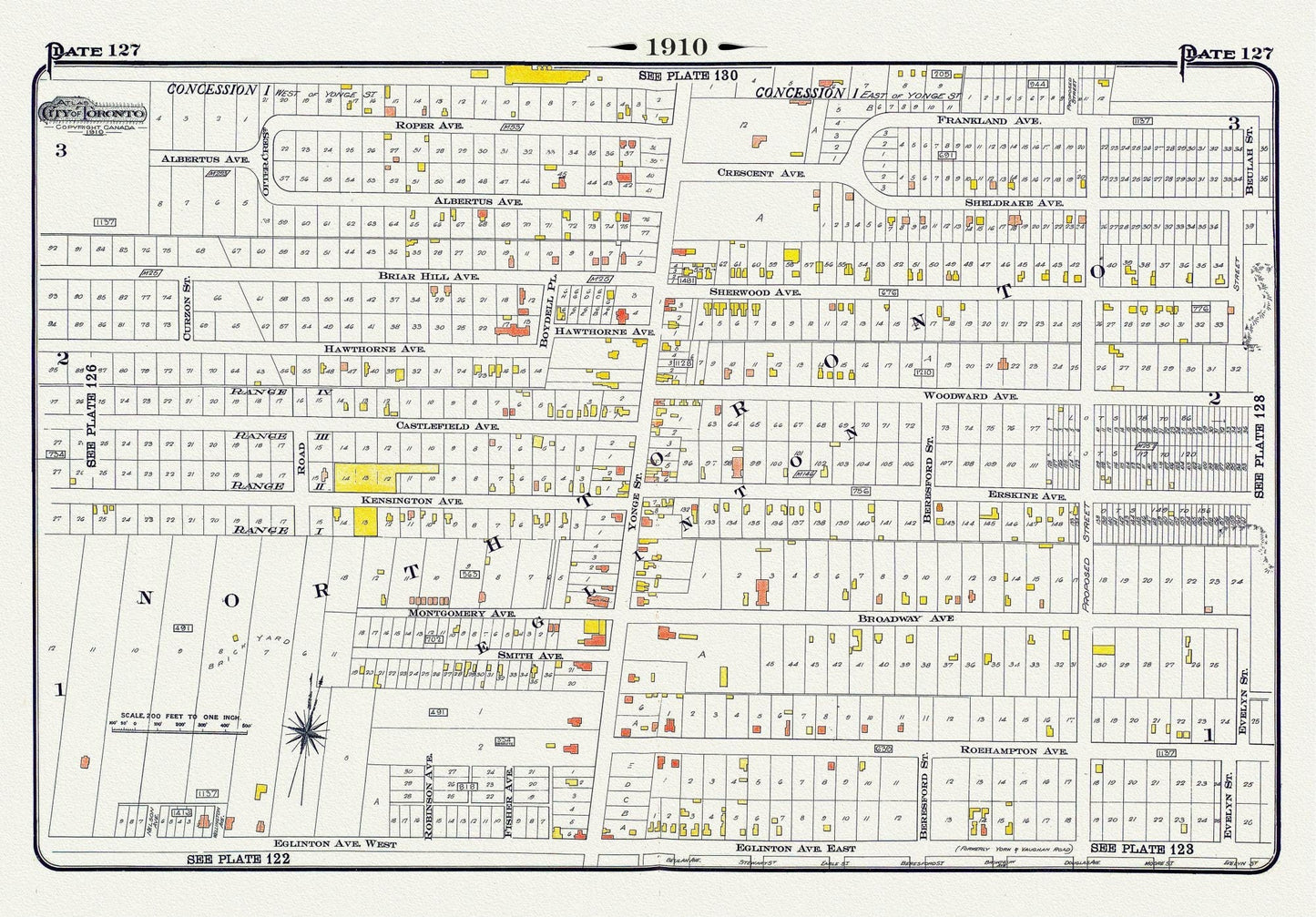 Plate 127, Toronto Uptown, Yonge St. North of Eglinton, 1910 , map on heavy cotton canvas, 20 x 30" approx. - The Map Chest