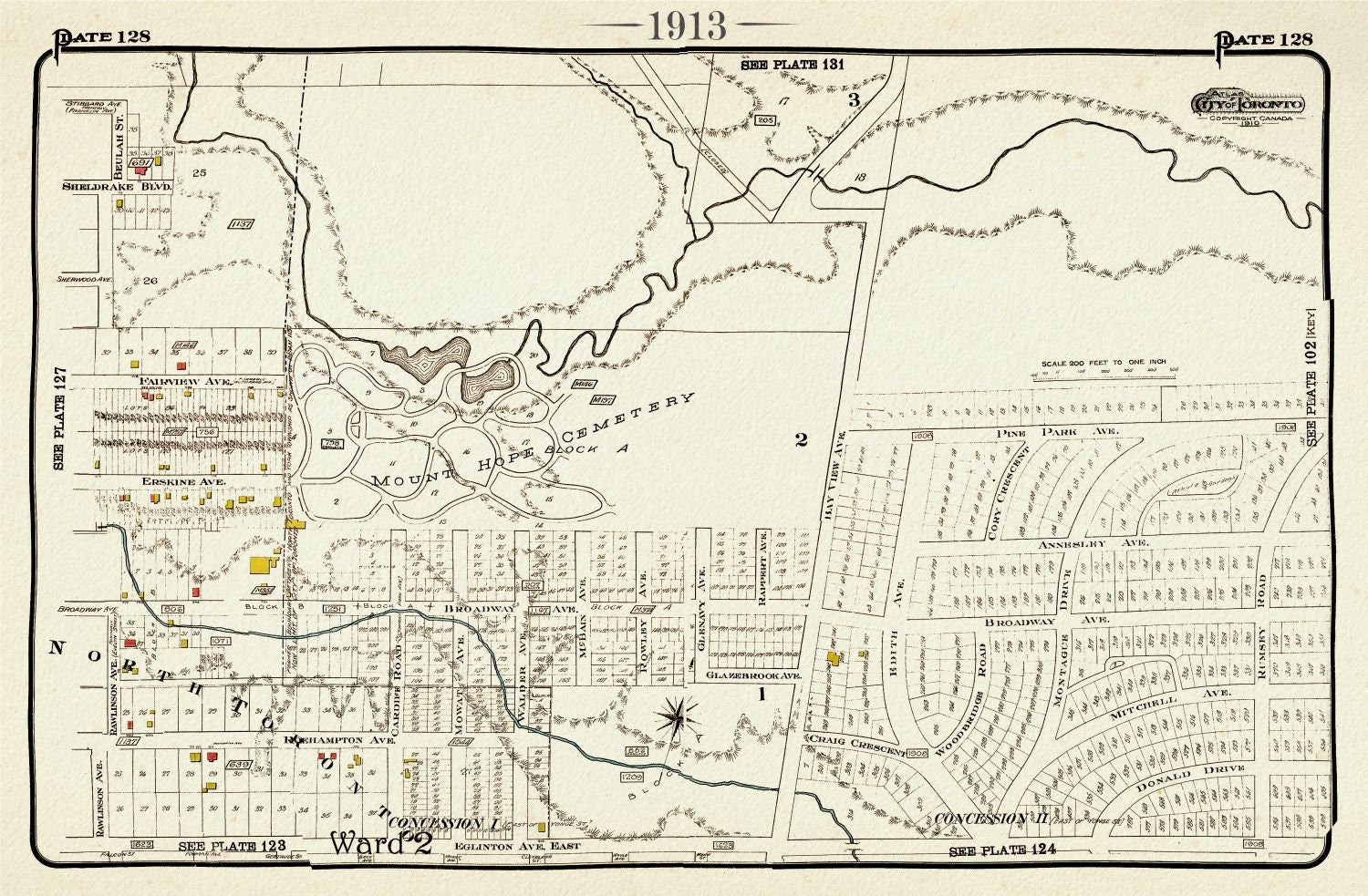 Plate 128, Toronto Northeast, Mount Hope Cemetery, 1913, map on heavy cotton canvas, 20 x 30" or 50 x 75cm. approx. - The Map Chest