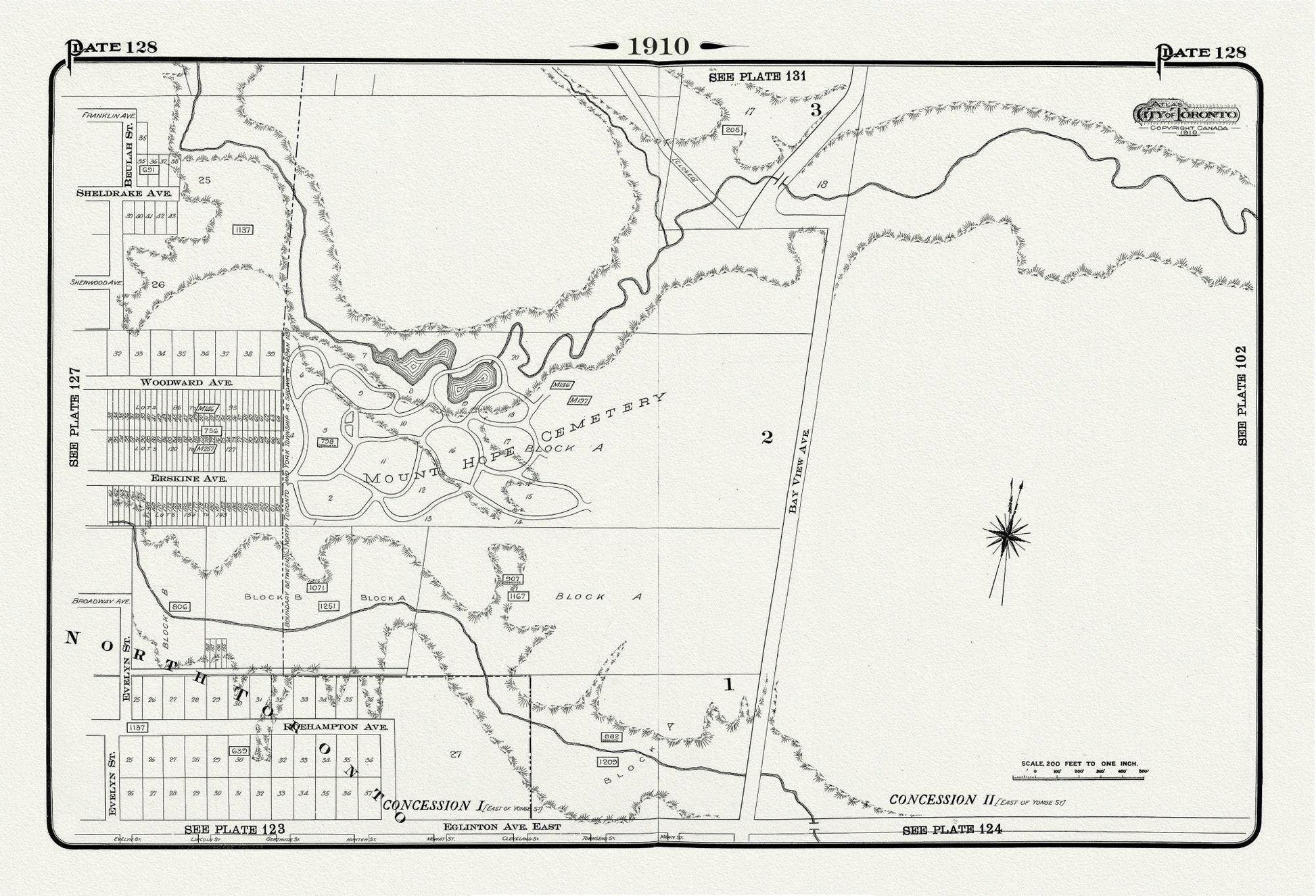 Plate 128, Toronto Uptown East, Leaside, Mount Hope Cemetery, 1910, map on heavy cotton canvas, 20 x 30" approx. - The Map Chest