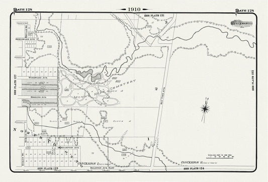 Plate 128, Toronto Uptown East, Leaside, Mount Hope Cemetery, 1910, map on heavy cotton canvas, 20 x 30" approx. - The Map Chest