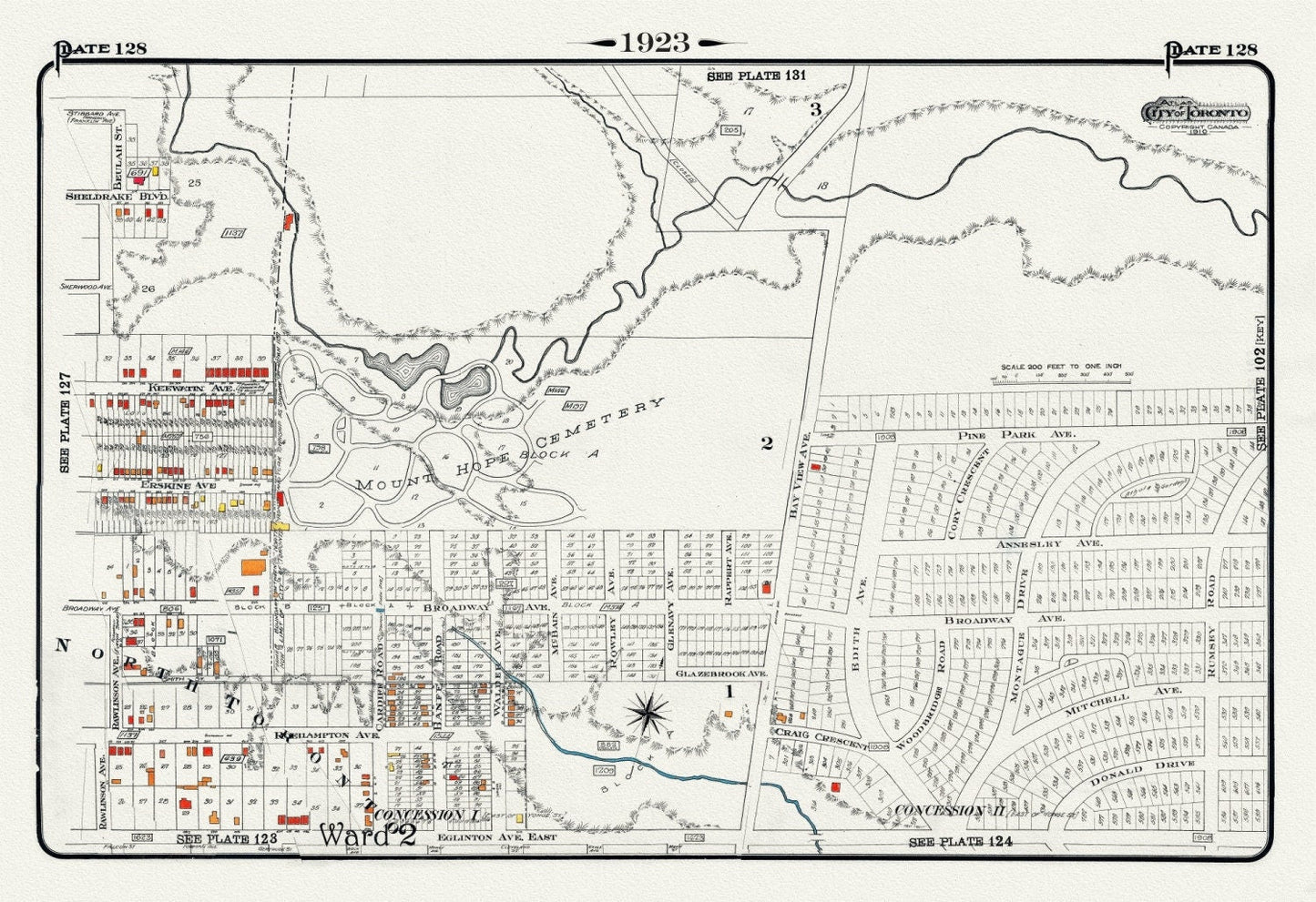 Plate 128, Toronto Uptown East, Leaside, Mount Hope Cemetery, 1923, Map on heavy cotton canvas, 18x27in. approx. - The Map Chest