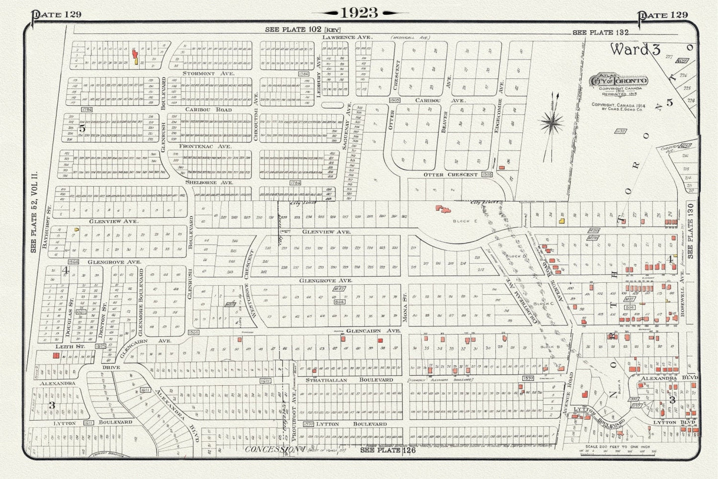 Plate 129, Toronto North, South of Lawrence Ave., 1923, Map on heavy cotton canvas, 18x27in. approx. - The Map Chest