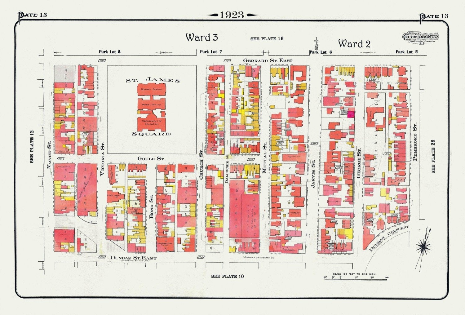 Plate 13, Toronto Downtown East, St. James Square, Dundas St. East, 1923, Map on heavy cotton canvas, 18x27in. approx. - The Map Chest