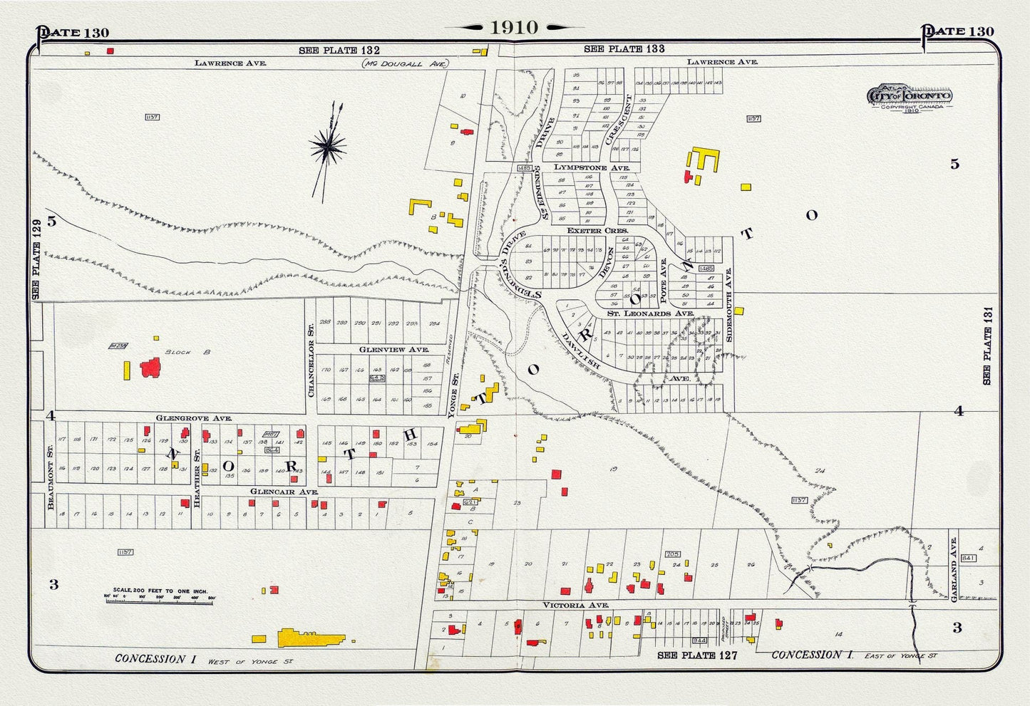 Plate 130, Toronto North, Lawrence Park , North of Blythewood, 1910 , map on heavy cotton canvas, 20 x 30" approx. - The Map Chest