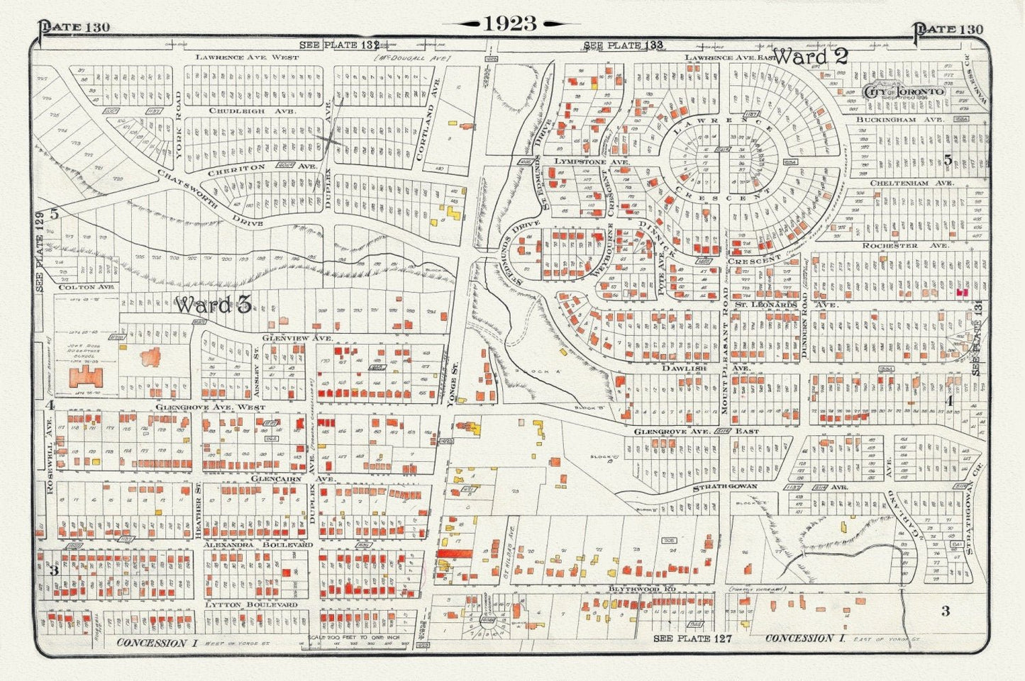 Plate 130, Toronto North, Lawrence Park , North of Blythewood, 1923, Map on heavy cotton canvas, 18x27in. approx. - The Map Chest
