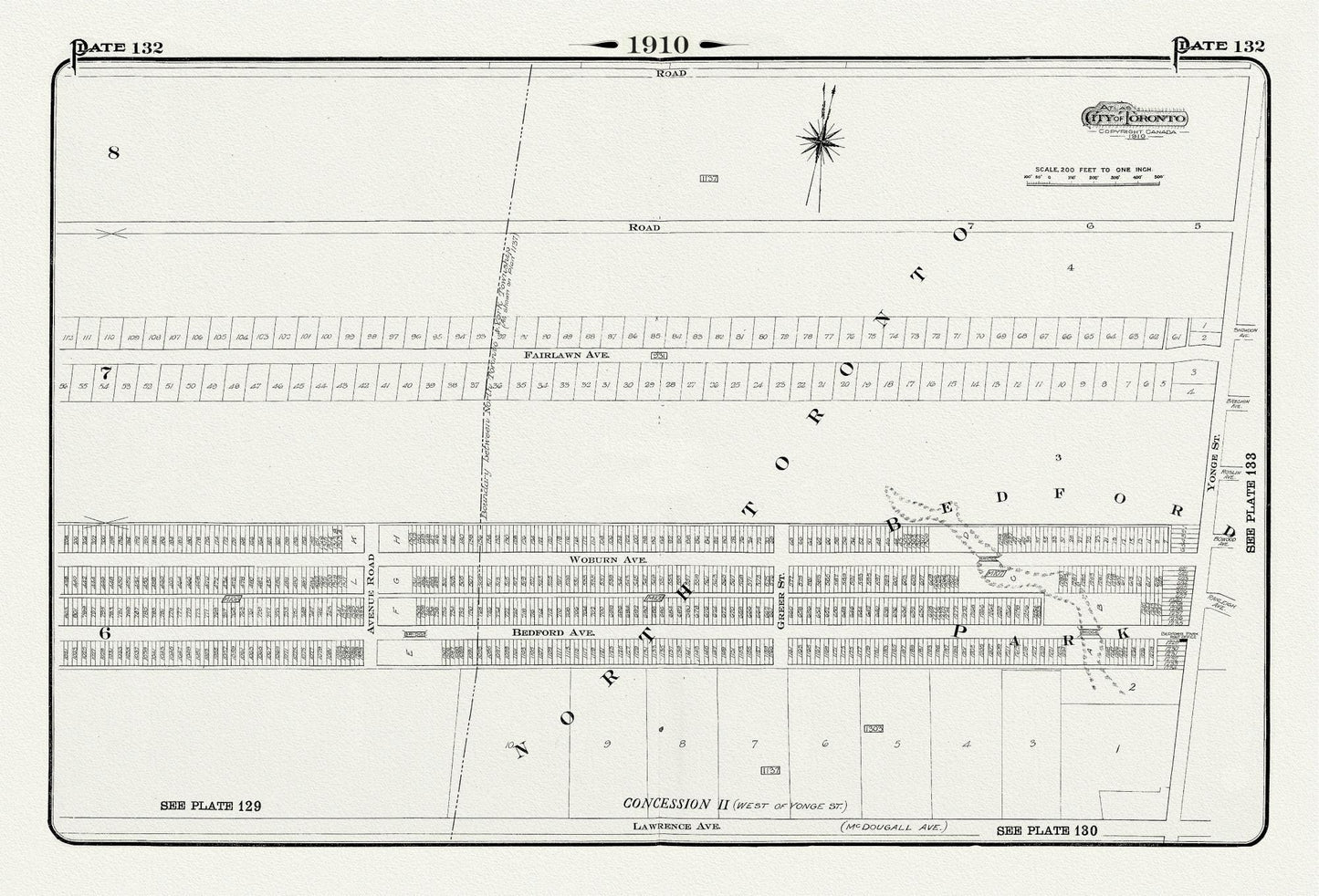 Plate 132, Toronto North, West of Yonge, North of Lawrence Ave., 1910 , map on heavy cotton canvas, 20 x 30" approx. - The Map Chest