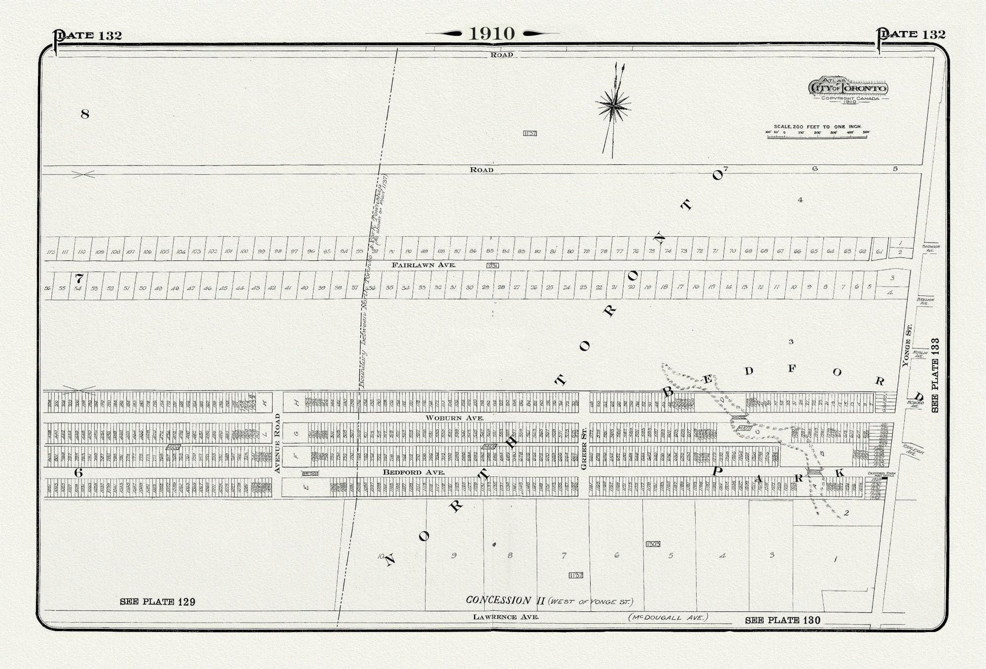 Plate 132, Toronto North, West of Yonge, North of Lawrence Ave., 1910 , map on heavy cotton canvas, 20 x 30" approx. - The Map Chest