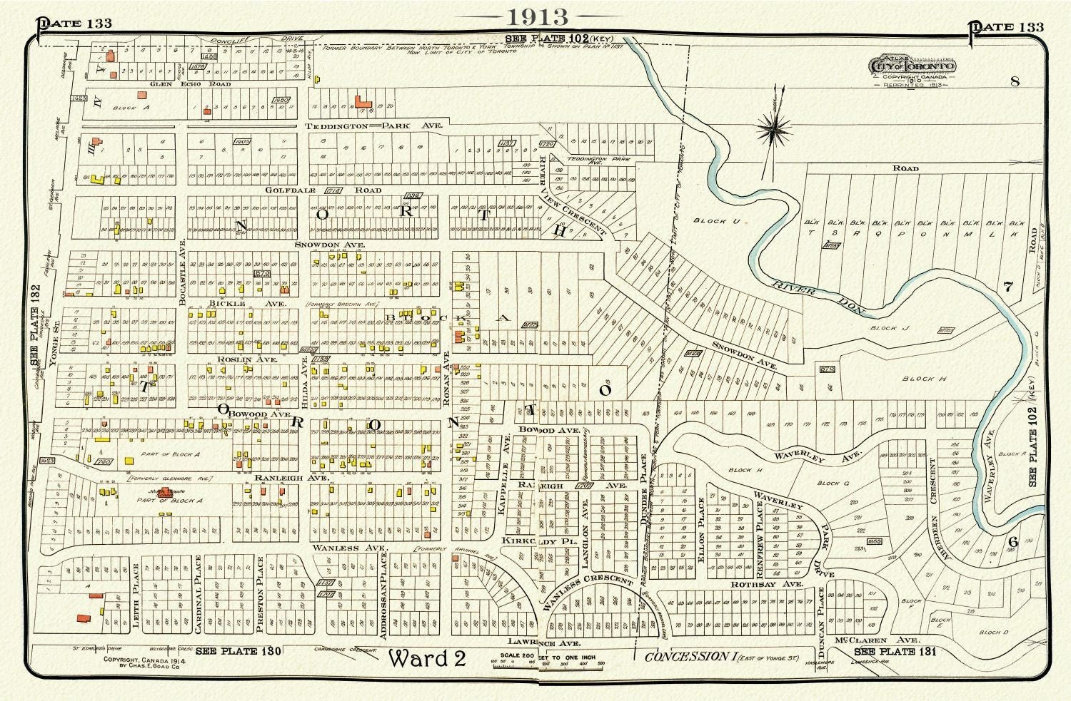 Plate 133, Toronto North, Lawrence Park North, 1913, map on heavy cotton canvas, 20 x 30" or 50 x 75cm. approx. - The Map Chest