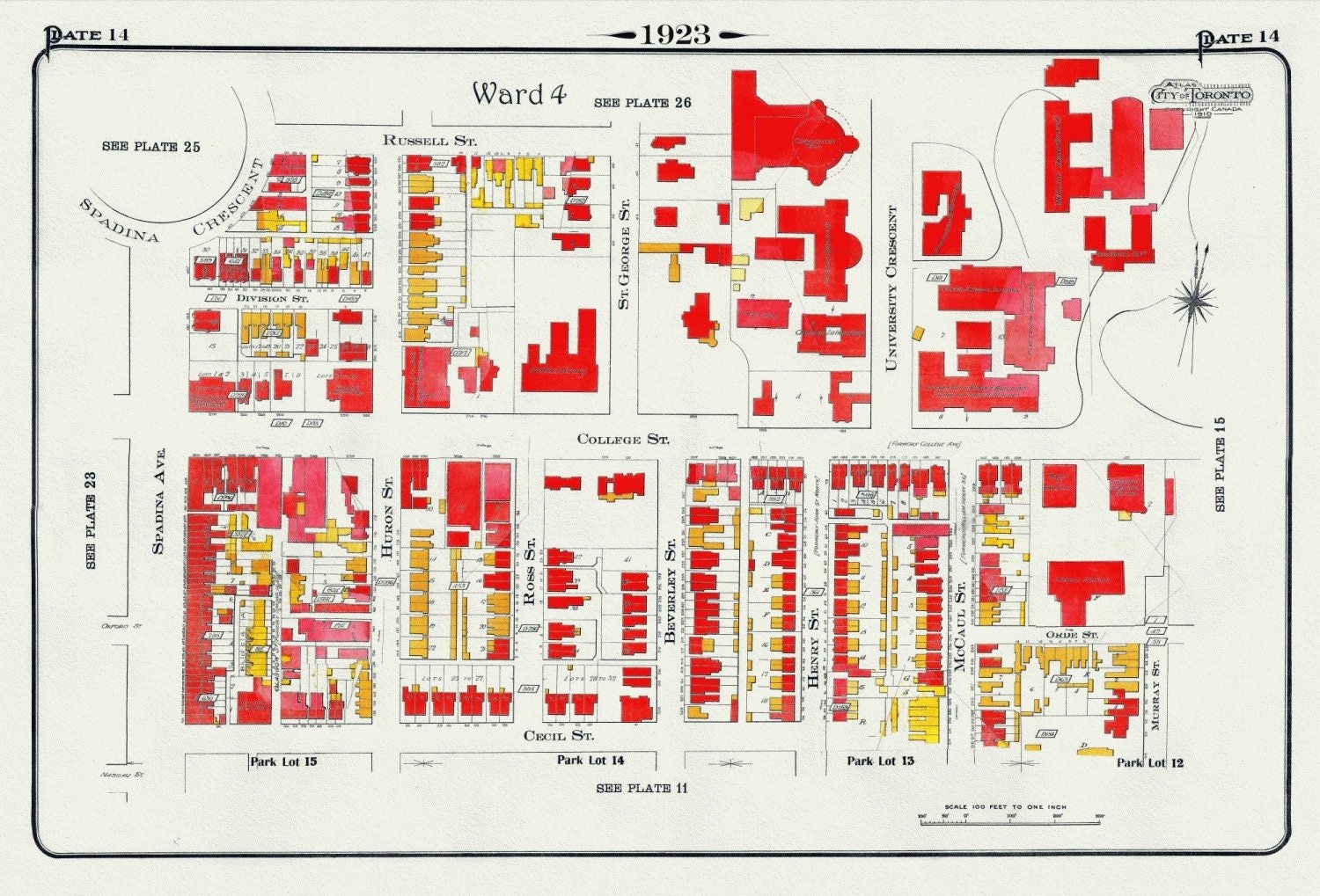 Plate 14, Toronto Downtown West, Spadina Crescent South East, 1923, Map on heavy cotton canvas, 18x27in. approx. - The Map Chest