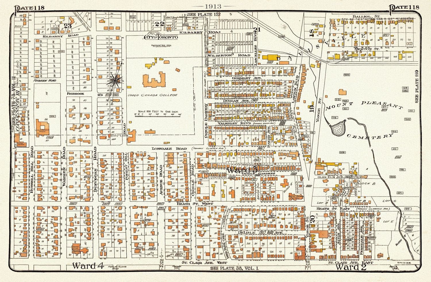 Plate 18, Toronto Uptown, St.Clair West, UCC, 1913, map on heavy cotton canvas, 20 x 30" approx. - The Map Chest