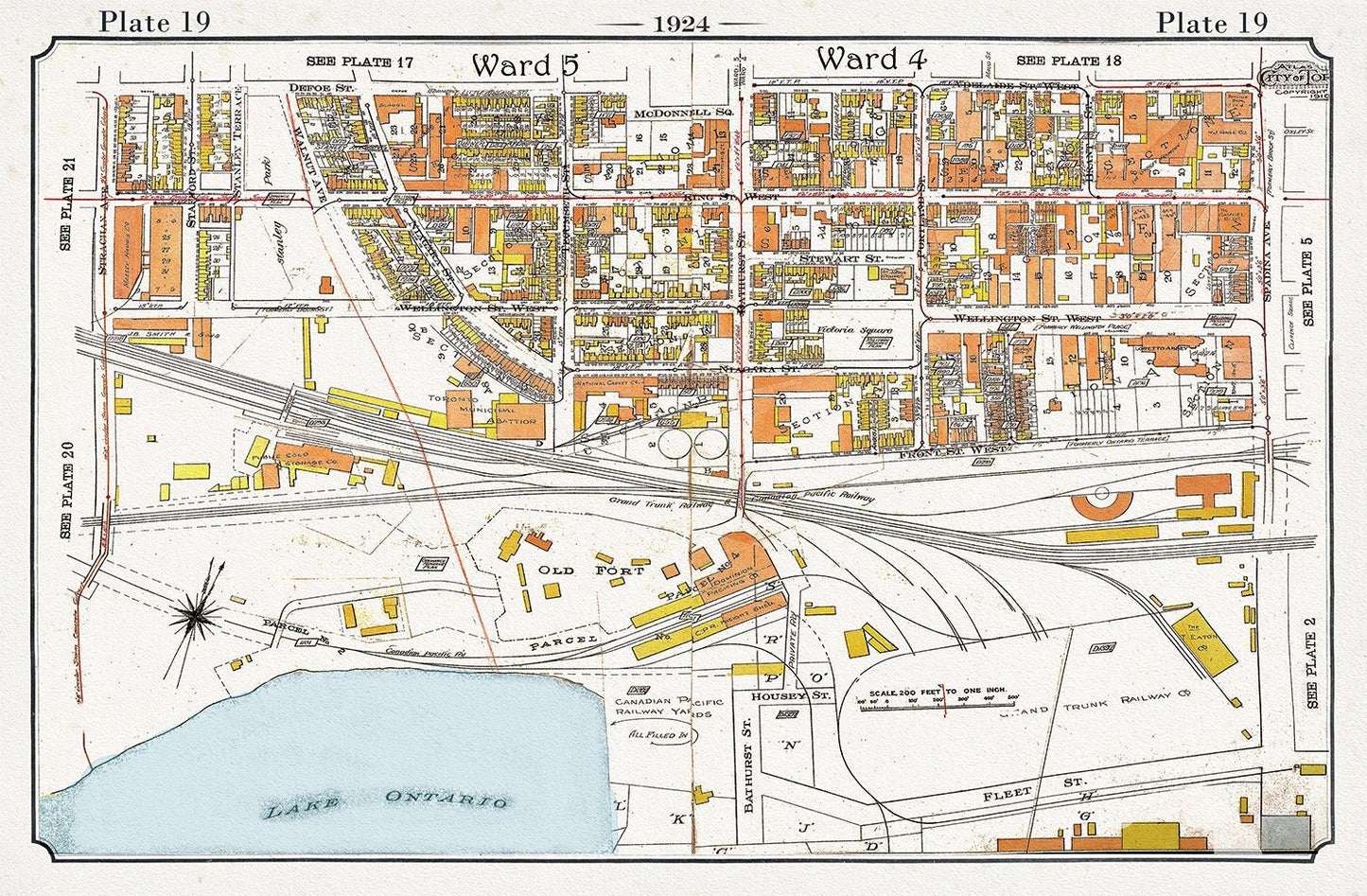 Plate 19, Toronto Downtown Harbour Lands West to Bathurst St., 1924, map on heavy cotton canvas, 20 x 30" or 50 x 75cm. approx. - The Map Chest