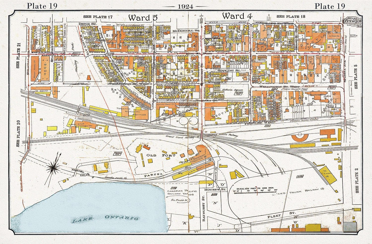 Plate 19, Toronto Downtown Harbour Lands West to Bathurst St., 1924, map on heavy cotton canvas, 20 x 30" or 50 x 75cm. approx. - The Map Chest