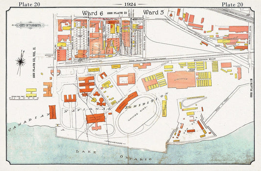 Plate 20, Toronto Downtown Harbour Lands West to Canadian National Exhibition Grounds, 1924, map on heavy cotton canvas, 20 x 30" approx. - The Map Chest