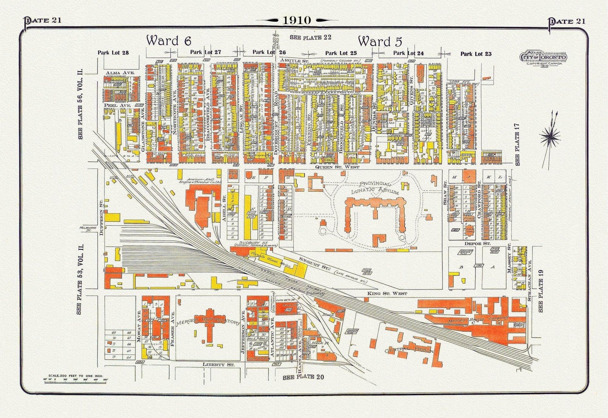 Plate 21, Toronto West, Parkdale & Liberty Village, Lunatic Asylum, 1910 , map on heavy cotton canvas, 20 x 30" approx. - The Map Chest