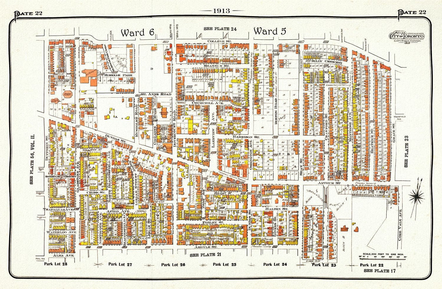 Plate 22, Toronto West, Parkdale, Brockton Village, 1913, map on heavy cotton canvas, 20 x 30" approx. - The Map Chest