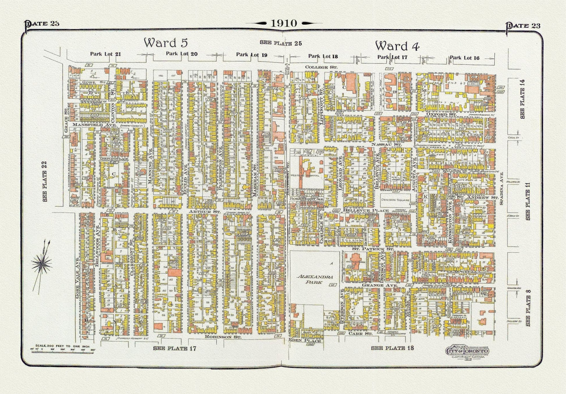 Plate 23, Toronto Downtown West, Kensington, & Annex South, 1910, map on heavy cotton canvas, 20 x 30" approx. - The Map Chest