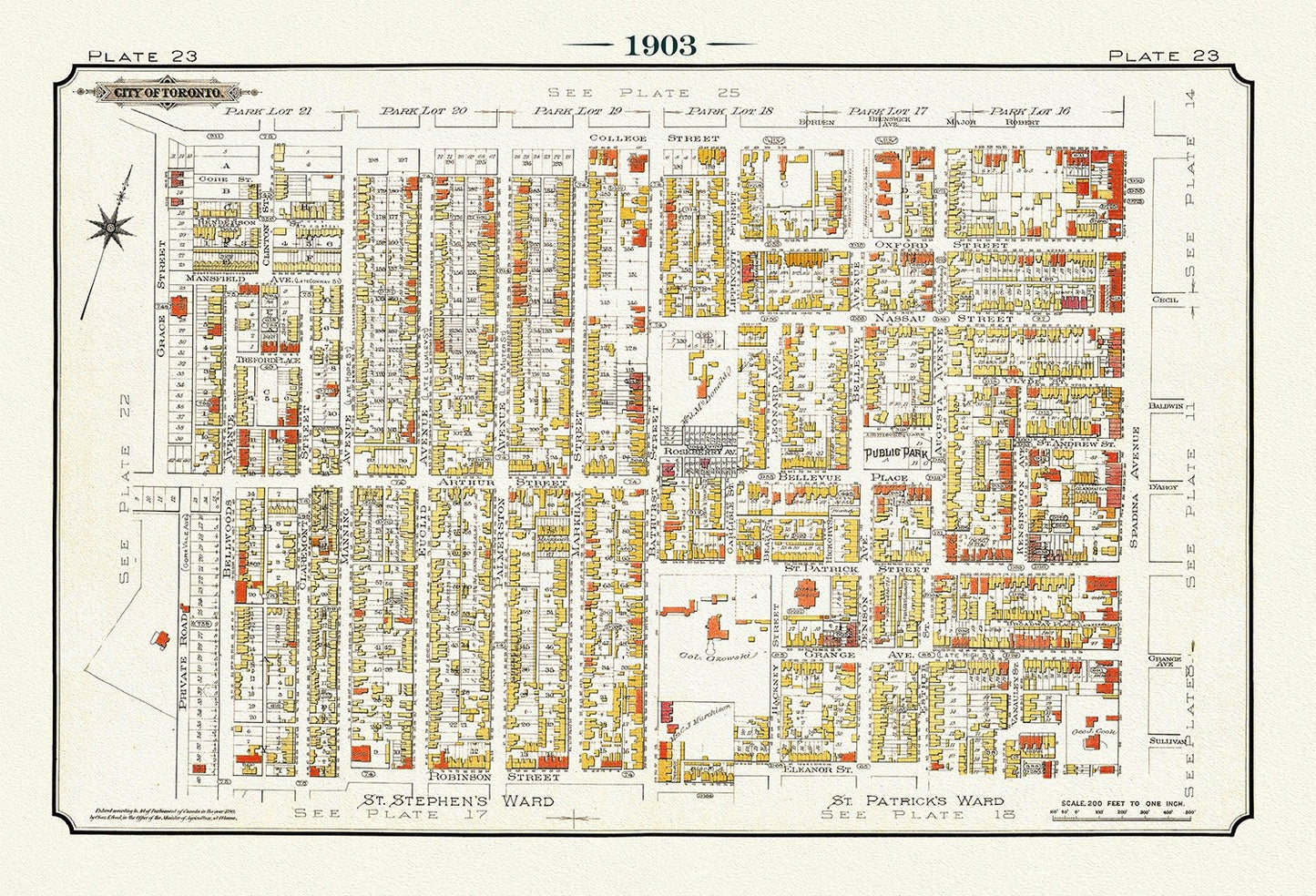 Plate 23, Toronto West, Kensington Market & Little Italy, 1903, map on heavy cotton canvas, 20 x 30" or 50 x 75cm. approx. - The Map Chest