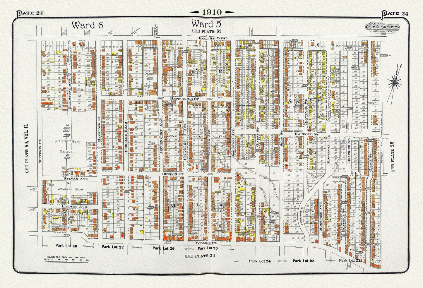 Plate 24, Toronto West, Bloorcourt, Dufferin Grove & Brockton, 1910, map on heavy cotton canvas, 20 x 30" approx. - The Map Chest