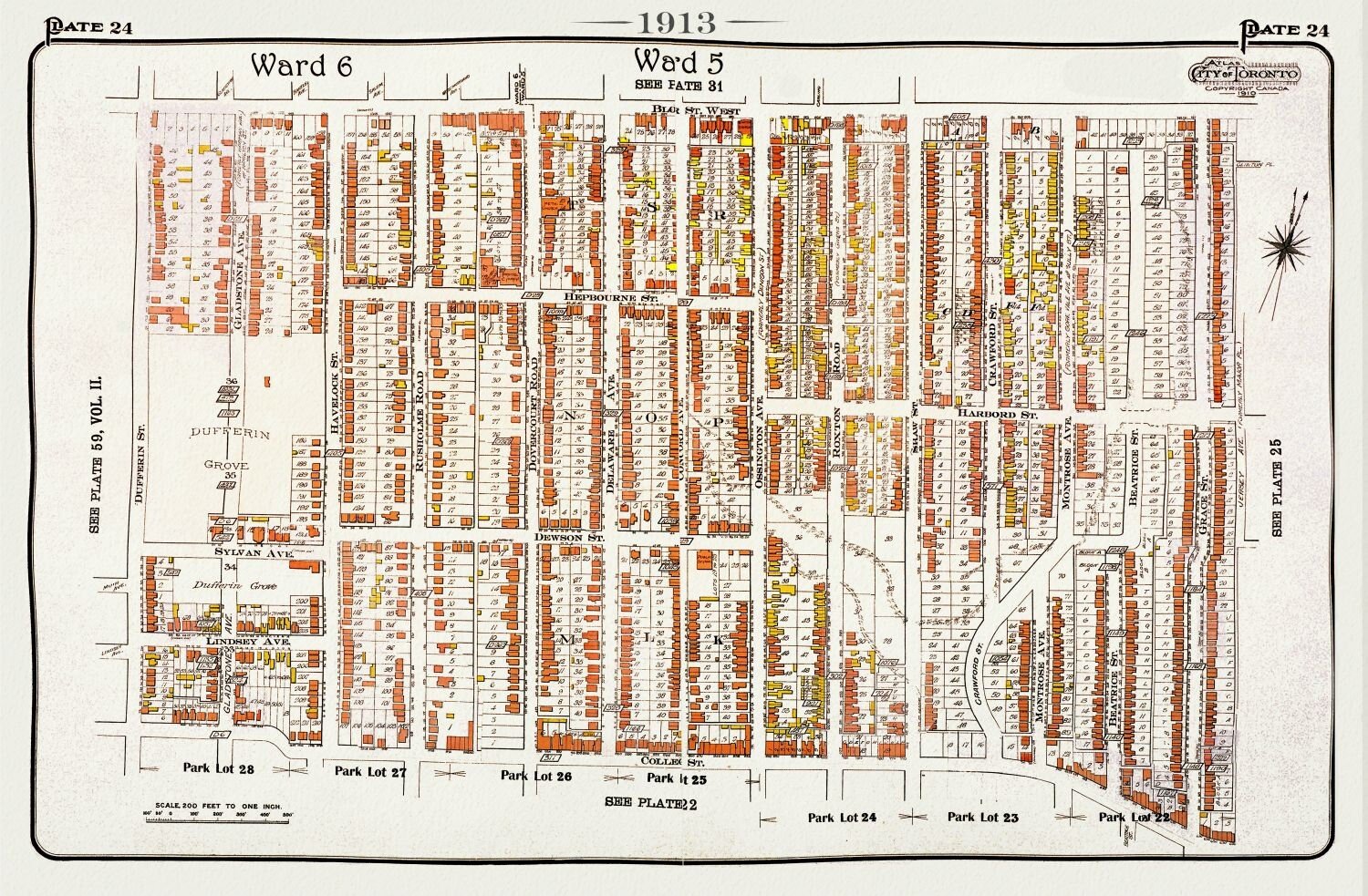Plate 24, Toronto West, Brockton, Parkdale, Dufferin Grove, 1913, map on heavy cotton canvas, 20 x 30" approx. - The Map Chest