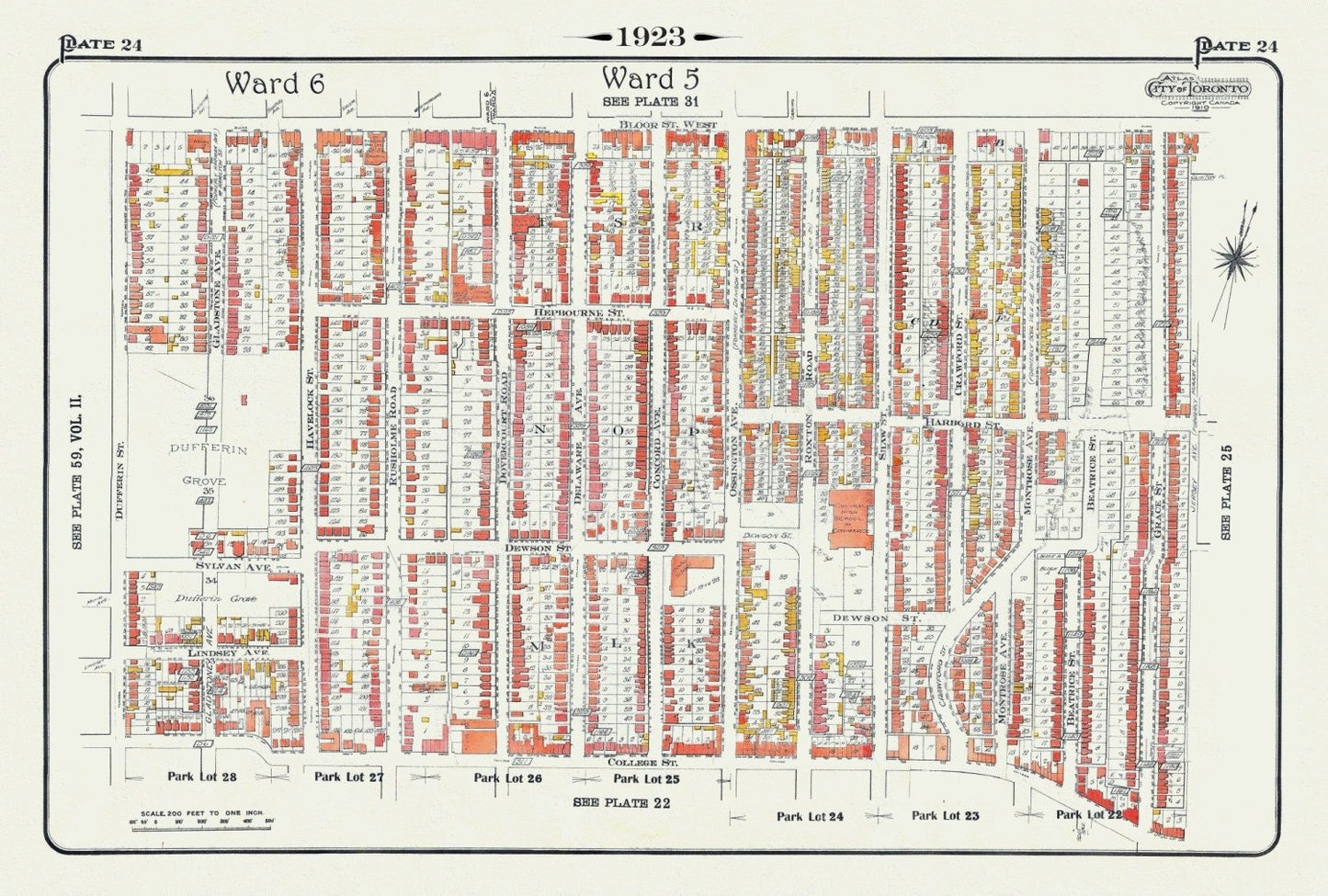Plate 24, Toronto West, Dufferin Grove, BloorCourt , South of Bloor, St., 1923, Map on heavy cotton canvas, 18x27in. approx. - The Map Chest