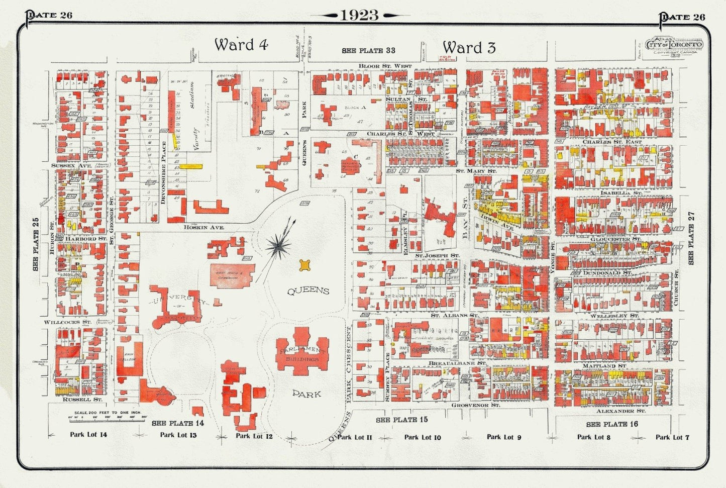 Plate 26, Downtown West, Queen's Park and University of Toronto, 1923, Map on heavy cotton canvas, 18x27in. approx. - The Map Chest