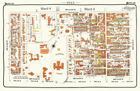 Plate 26, Toronto Central West, Queens Park, 1913, map on heavy cotton canvas, 20 x 30" approx. - The Map Chest