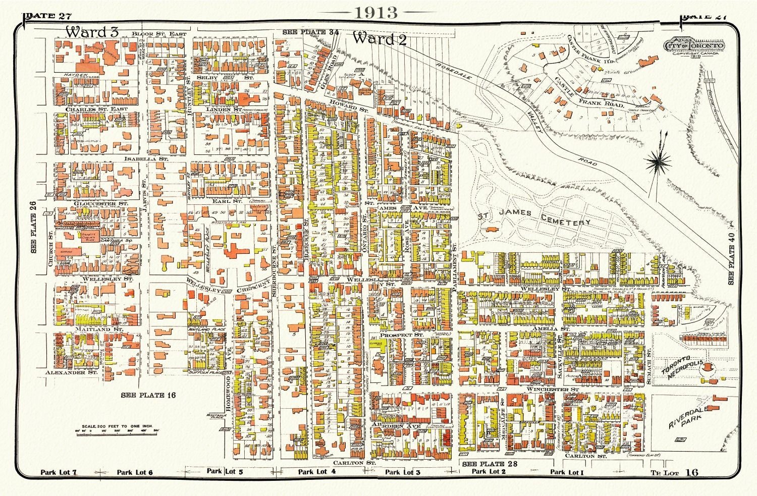 Plate 27, Toronto Central East, Cabbagetown, St. James, 1913, map on heavy cotton canvas, 20 x 30" approx. - The Map Chest