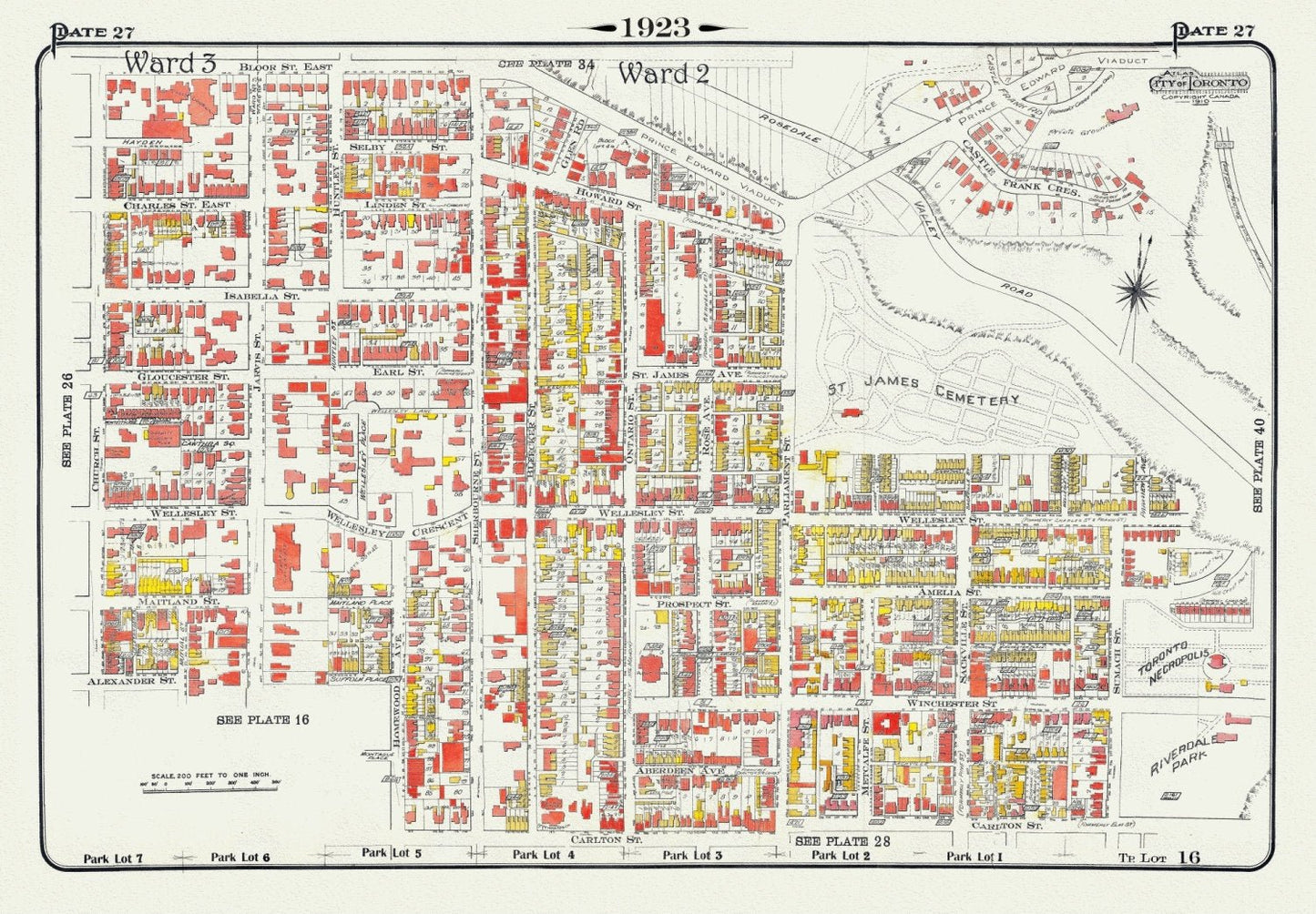 Plate 27, Toronto Downtown East, St. James, Cabbagetown, 1923, Map on heavy cotton canvas, 18x27in. approx. - The Map Chest
