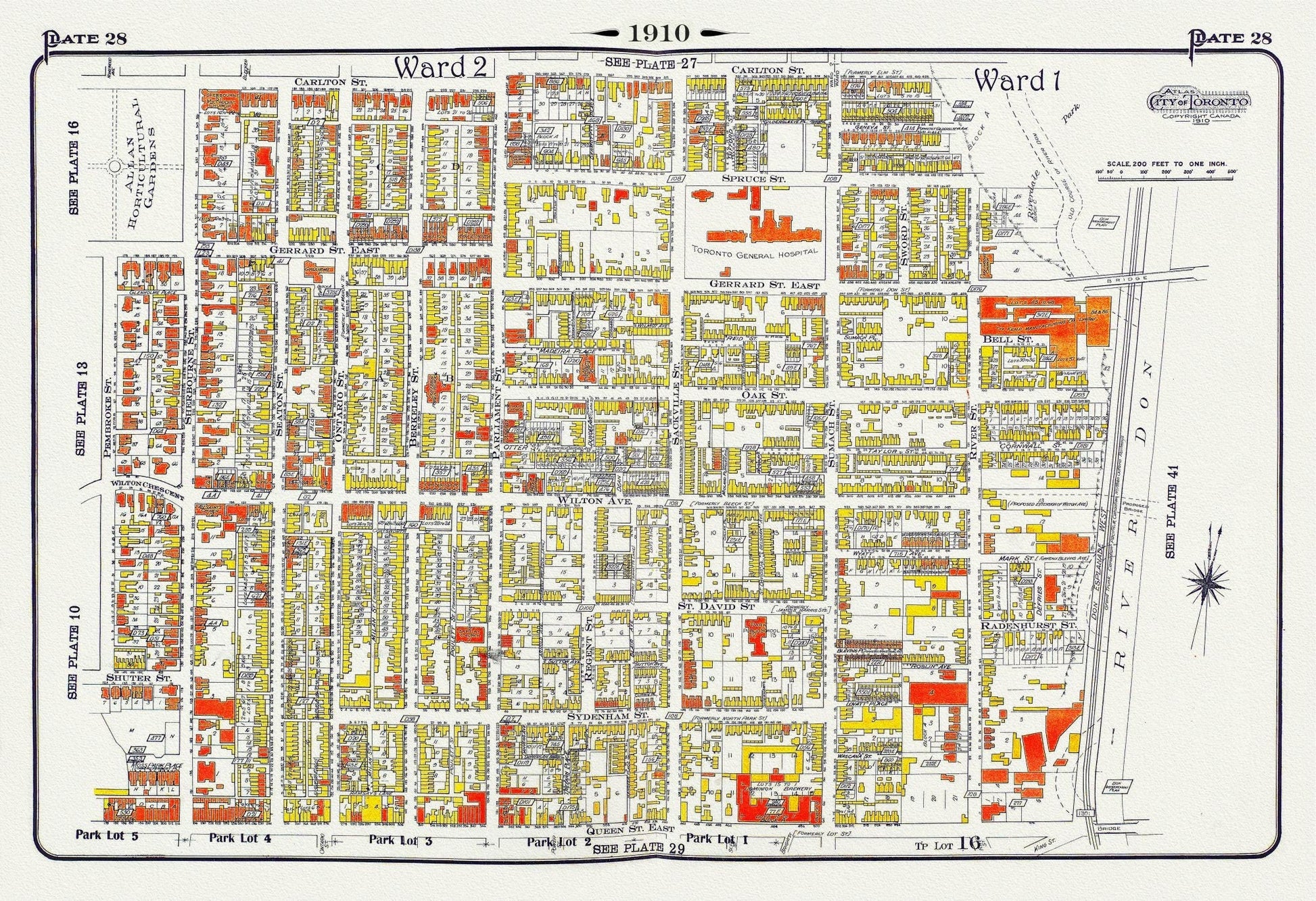 Plate 28, Toronto Downtown East, Cabaggetown, 1910 , map on heavy cotton canvas, 20 x 30" approx. - The Map Chest