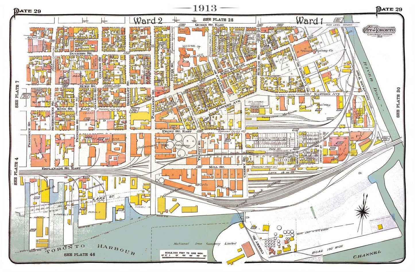 Plate 29, Toronto Downtown East, Corktown, 1913, map on heavy cotton canvas, 20 x 30" approx. - The Map Chest