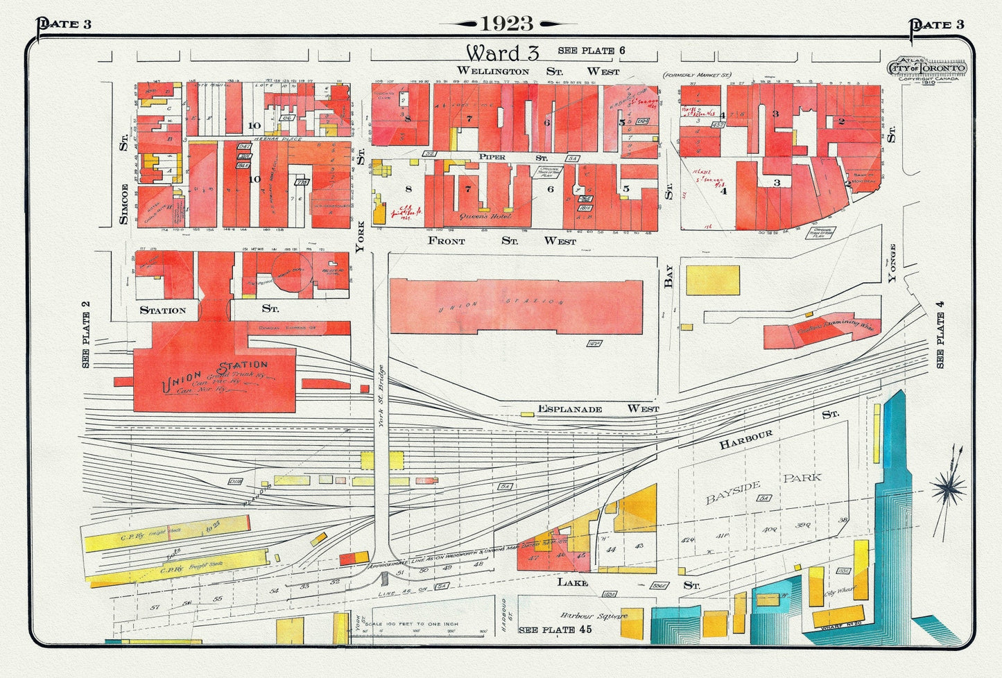 Plate 3, Toronto Downtown Waterfront, Union Station, 1923, Map on heavy cotton canvas, 22x27in. approx. - The Map Chest