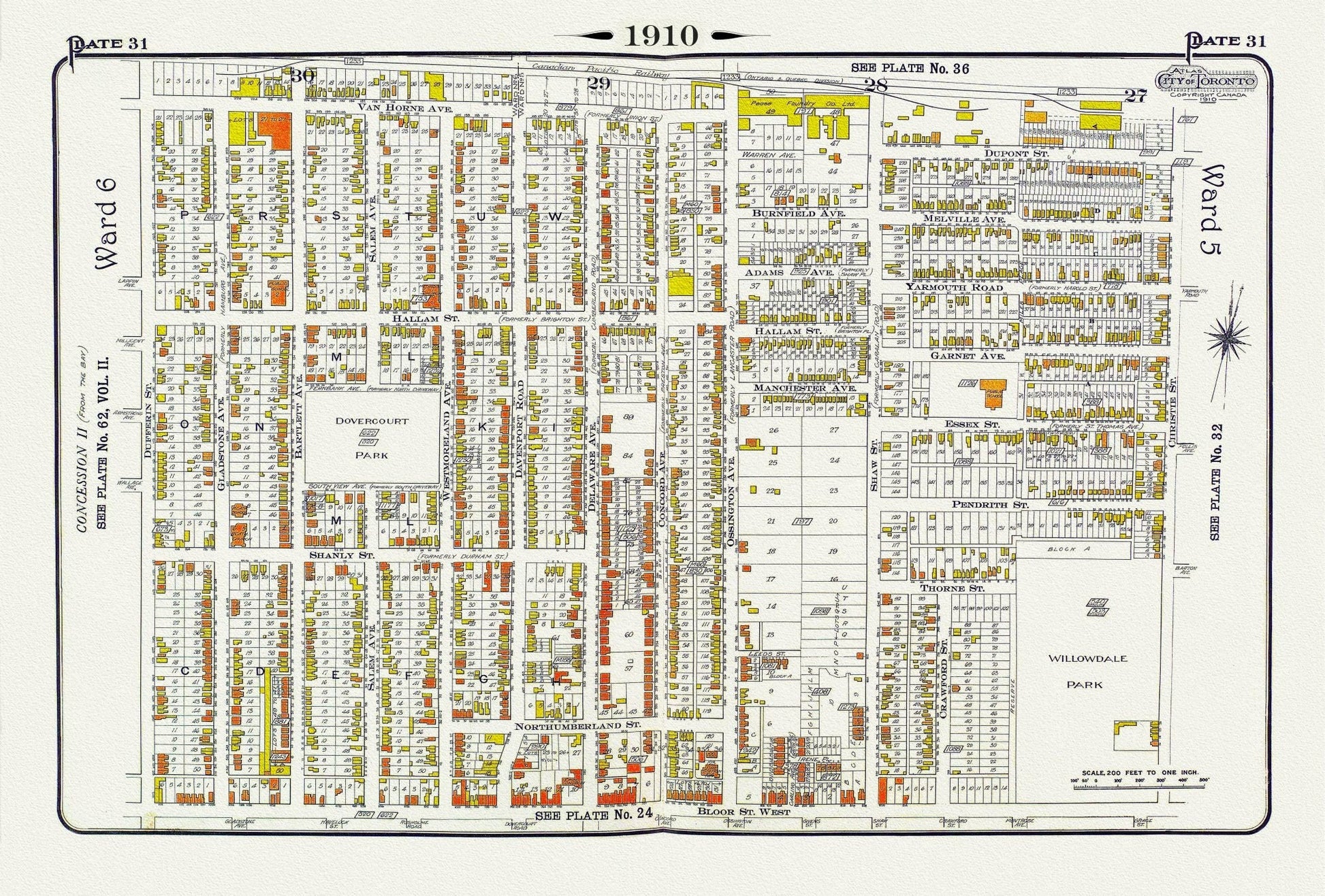Plate 31, Toronto West, Dovercourt & Bloorcourt, North of Bloor St., 1910 , map on heavy cotton canvas, 20 x 30" approx. - The Map Chest