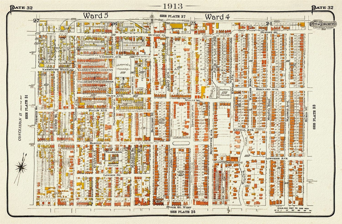 Plate 32, Toronto Uptown West, Seaton Village, Annex, 1913, map on heavy cotton canvas, 20 x 30" approx. - The Map Chest