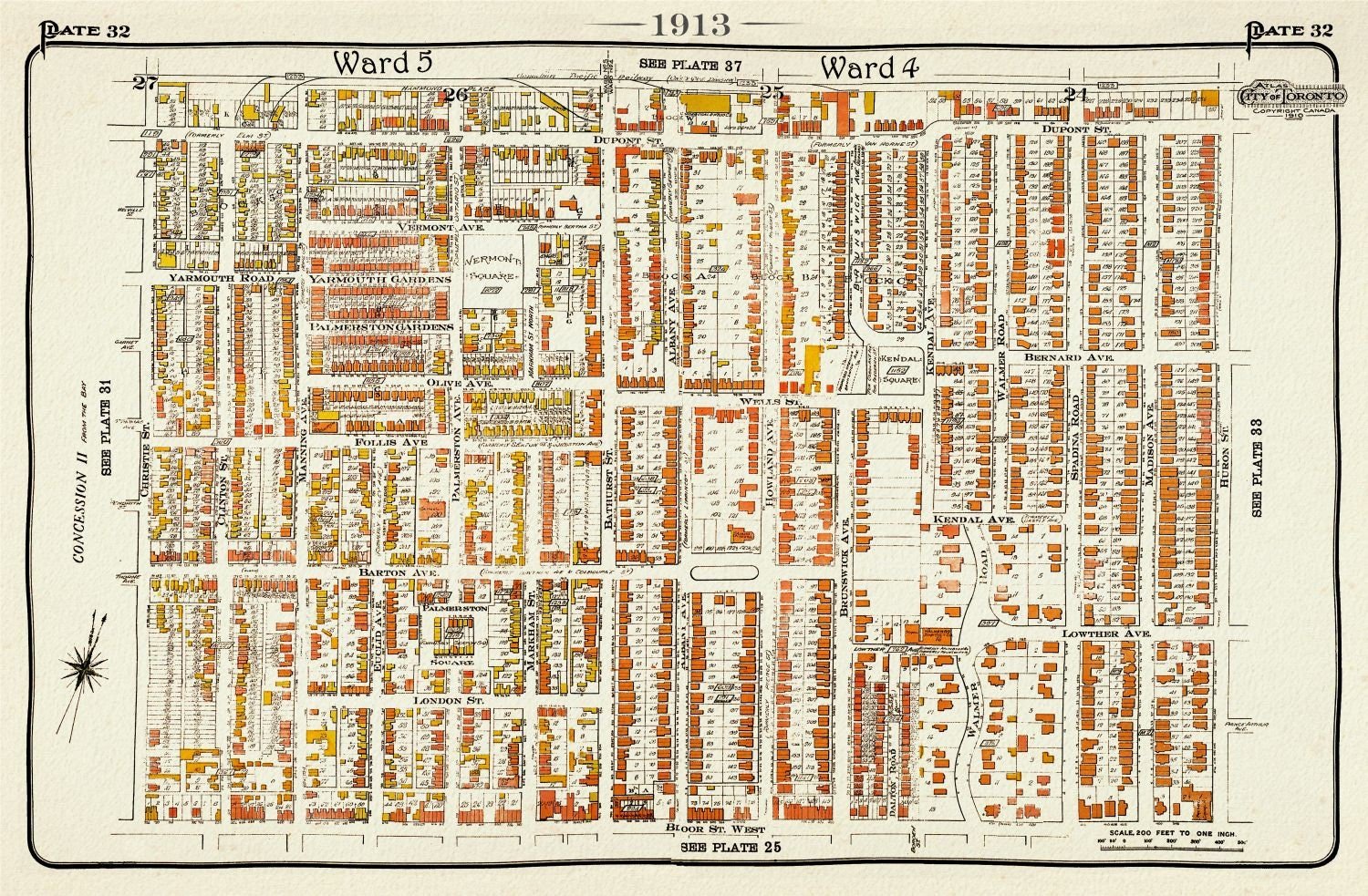 Plate 32, Toronto Uptown West, Seaton Village, Annex, 1913, map on heavy cotton canvas, 20 x 30" approx. - The Map Chest