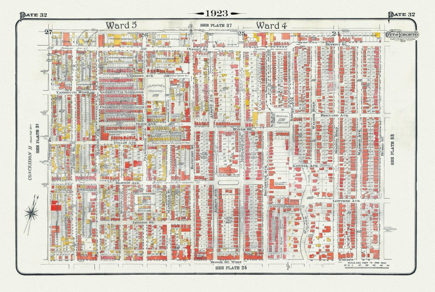 Plate 32, Toronto West, Bloorcourt, Seaton Village, Annex , 1923, Map on heavy cotton canvas, 18x27in. approx. - The Map Chest