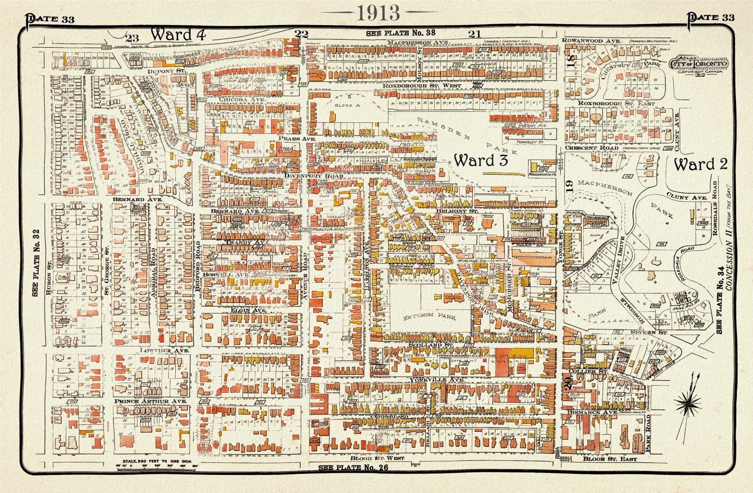 Plate 33, Toronto Uptown, Yorkville, 1913, map on heavy cotton canvas, 20 x 30" approx. - The Map Chest