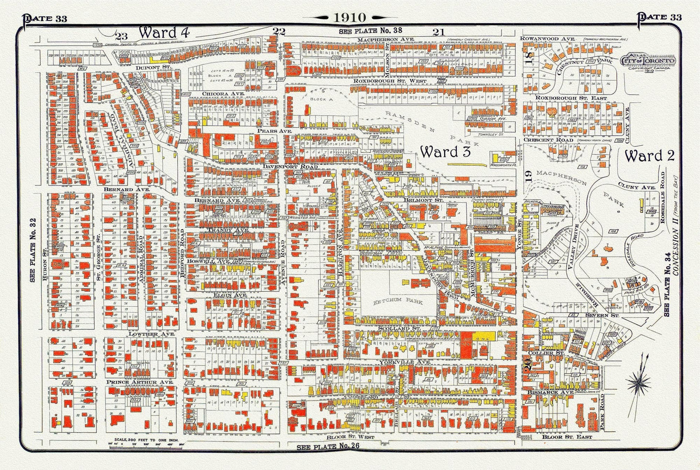 Plate 33, Toronto Uptown, Yorkville, & The Annex, 1910, map on heavy cotton canvas, 20 x 30" approx. - The Map Chest