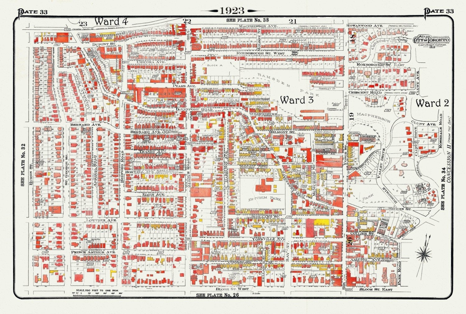 Plate 33, Toronto Uptown, Yorkville, & The Annex, 1923, Map on heavy cotton canvas, 18x27in. approx. - The Map Chest