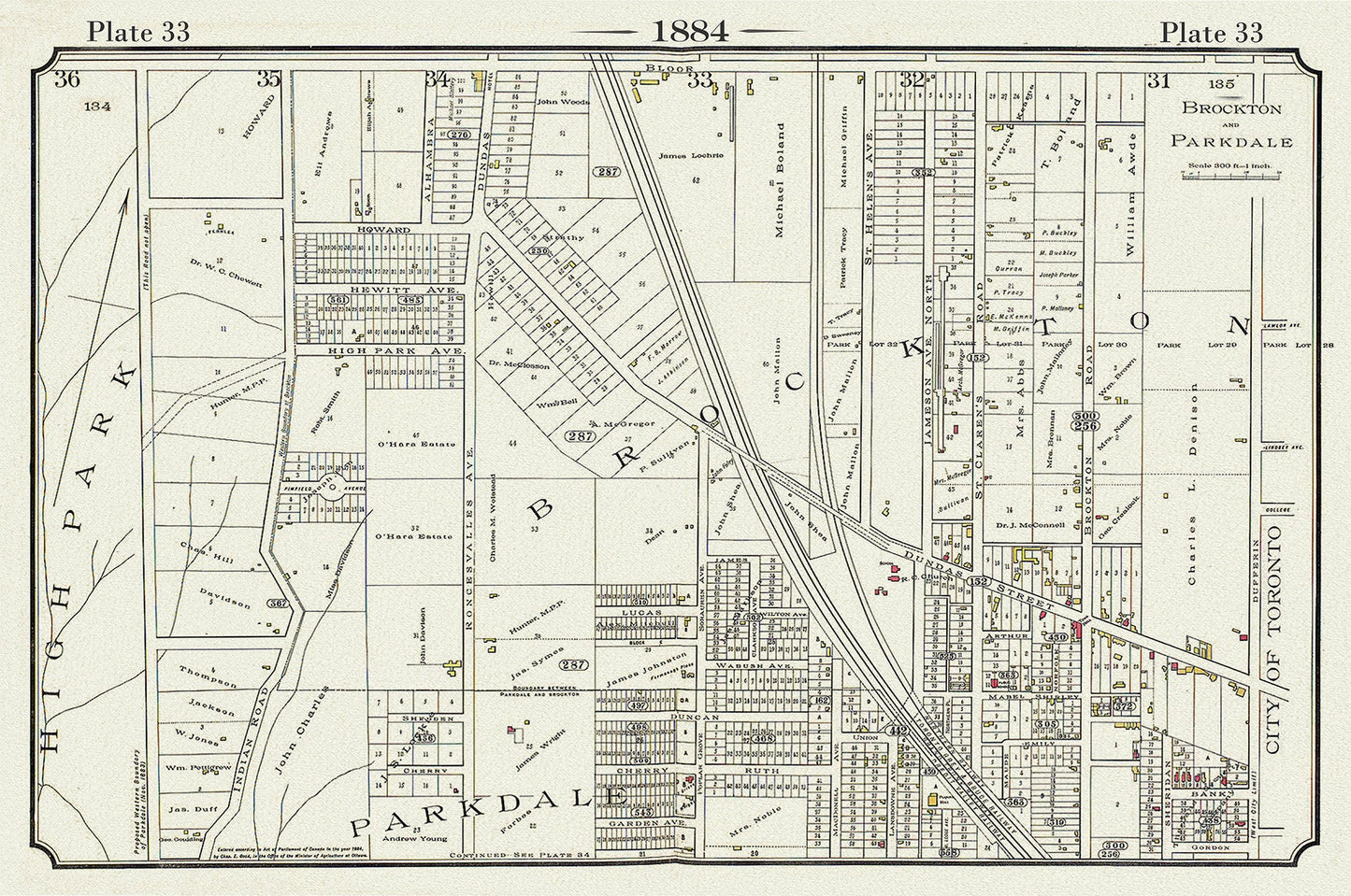 Plate 33, Toronto West, High Park to Brockton, Roncesvalles, 1884, map on heavy cotton canvas, 20 x 30" approx. - The Map Chest