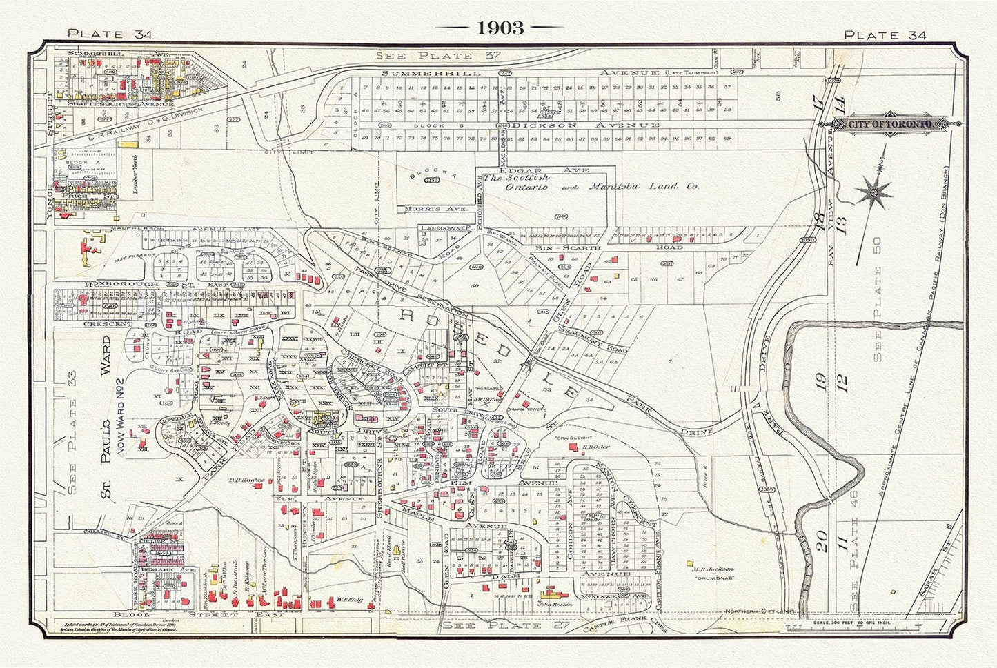 Plate 34, Toronto Uptown East, Rosedale, 1903, map on heavy cotton canvas, 20 x 30" or 50 x 75cm. approx. - The Map Chest