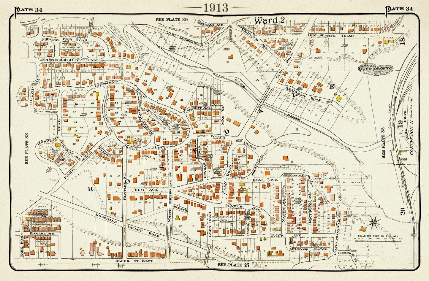 Plate 34, Toronto Uptown, Rosedale, 1913, map on heavy cotton canvas, 20 x 30" approx. - The Map Chest