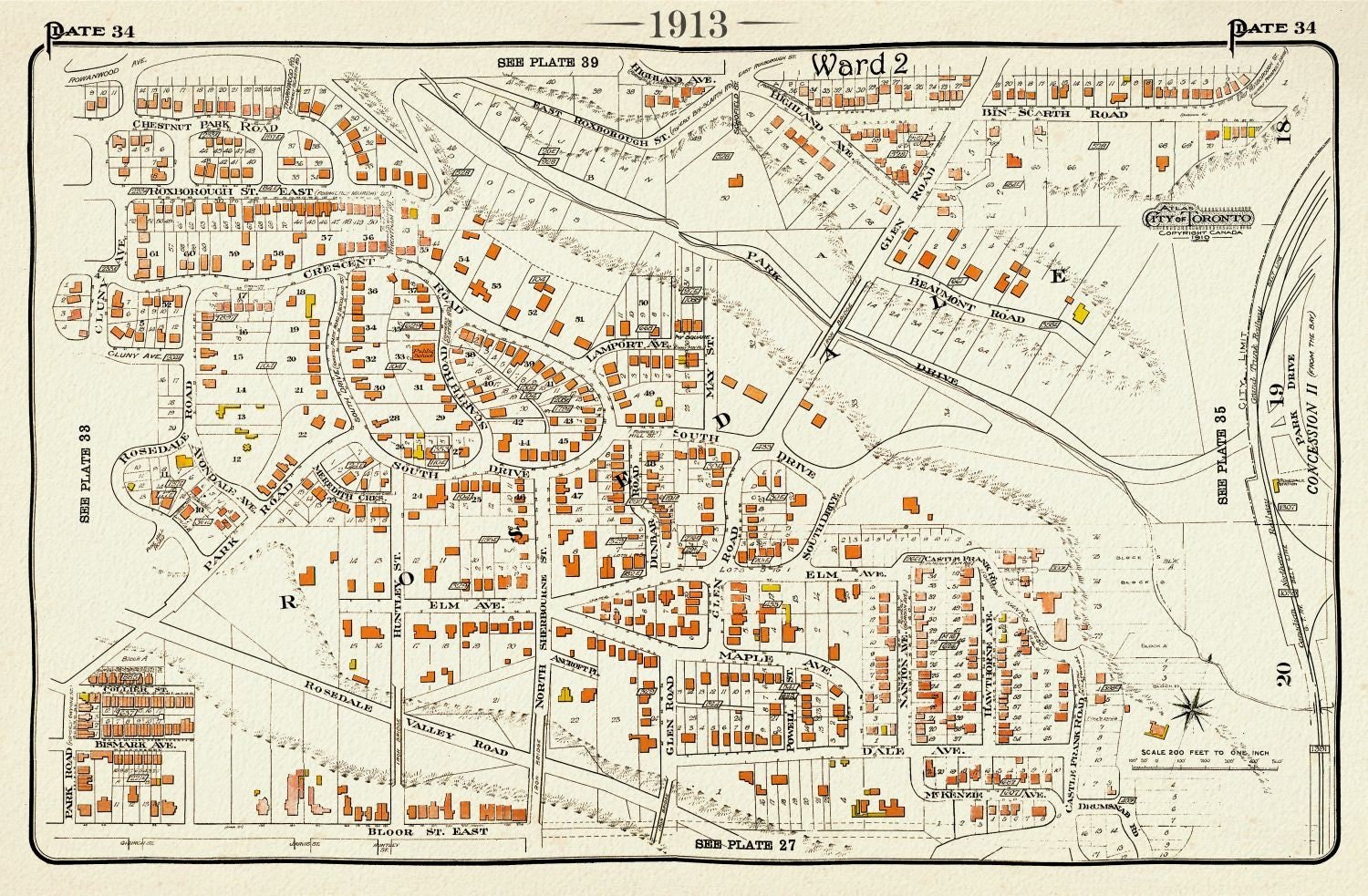 Plate 34, Toronto Uptown, Rosedale, 1913, map on heavy cotton canvas, 20 x 30" approx. - The Map Chest
