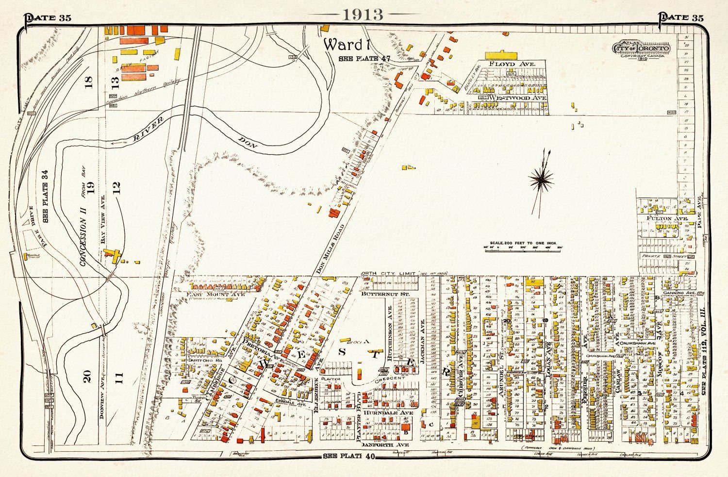 Plate 35, Toronto East, Danforth, Chester Village, 1913, map on heavy cotton canvas, 20 x 30" approx. - The Map Chest