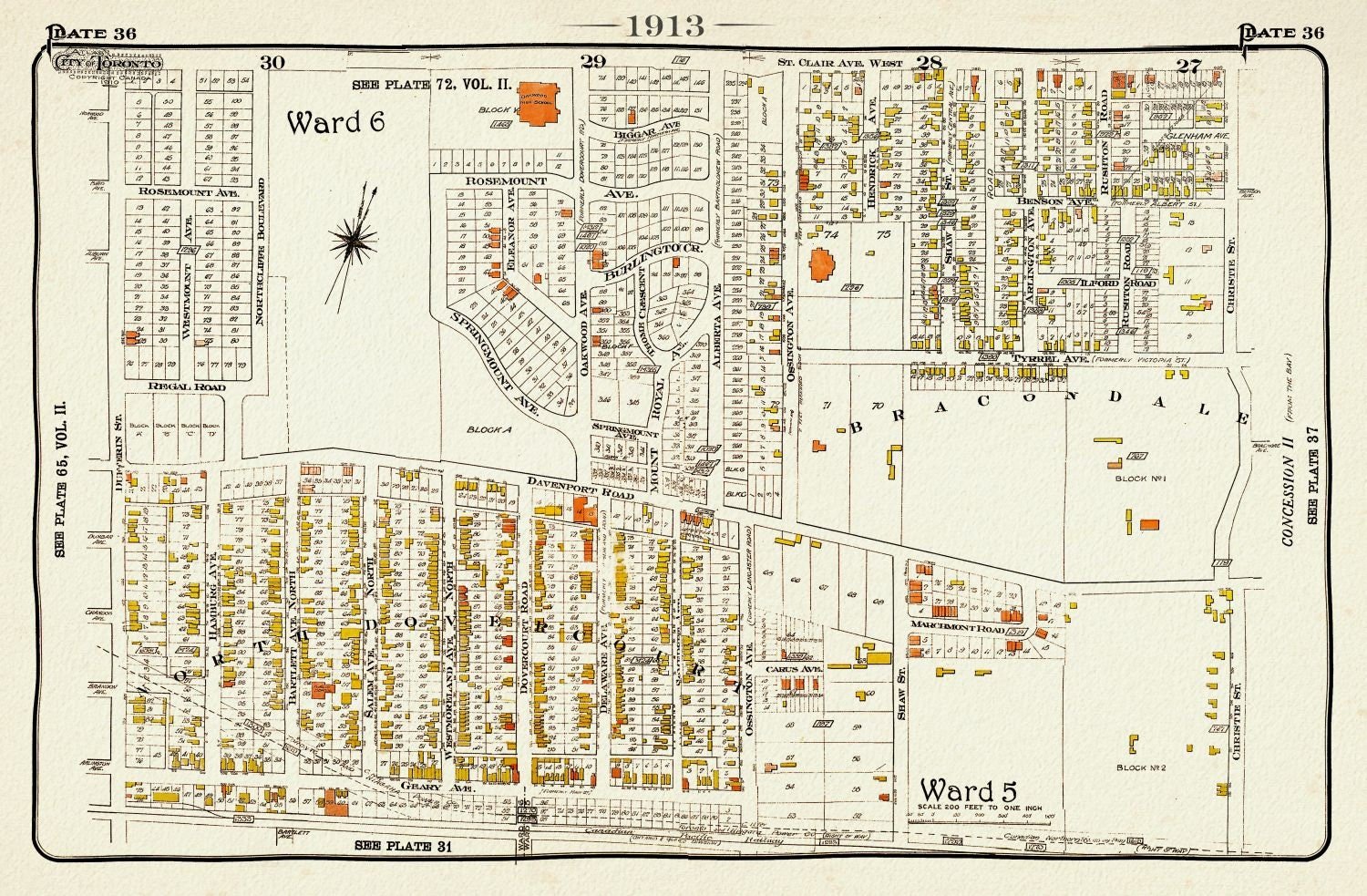 Plate 36 Toronto West, Dovercourt North, 1913, map on heavy cotton canvas, 20 x 30" approx. - The Map Chest