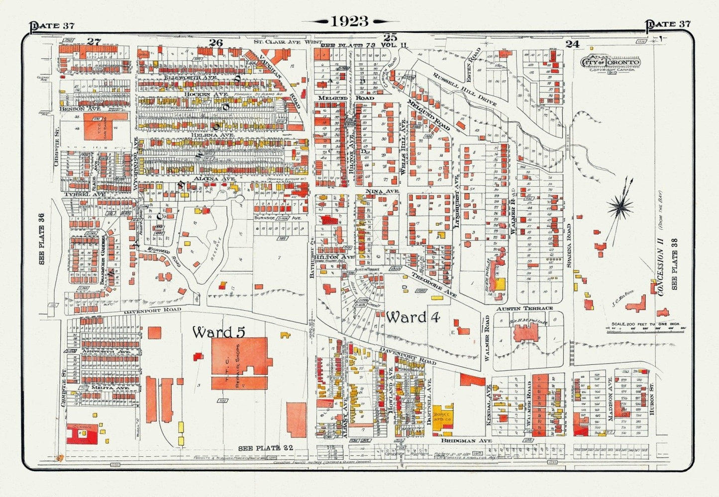 Plate 37, Toronto Central North West, Wychwood, Casa Loma, 1923, Map on heavy cotton canvas, 18x27in. approx. - The Map Chest