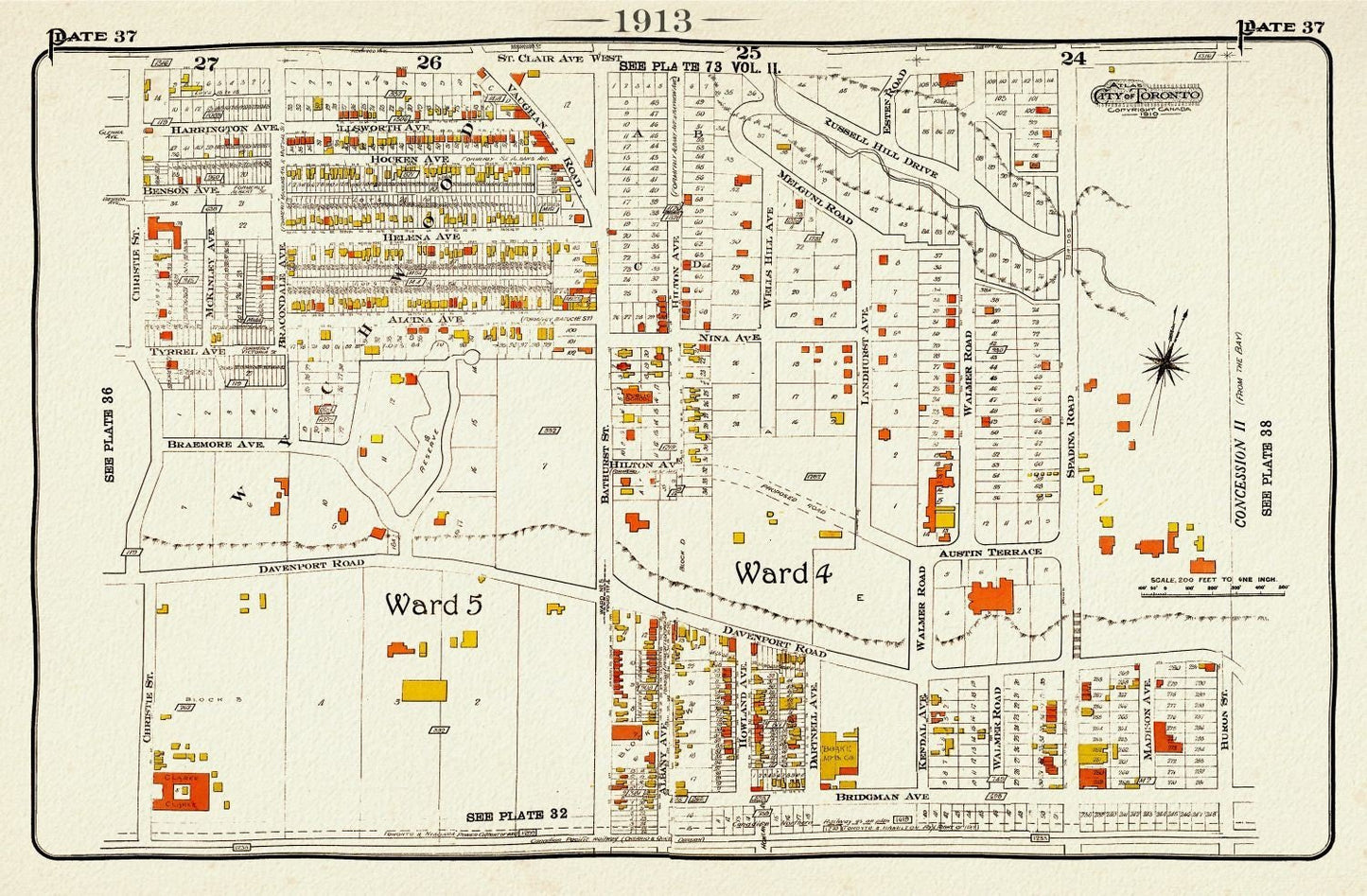 Plate 37 Toronto West, Casa Loma, 1913, map on heavy cotton canvas, 20 x 30" approx. - The Map Chest