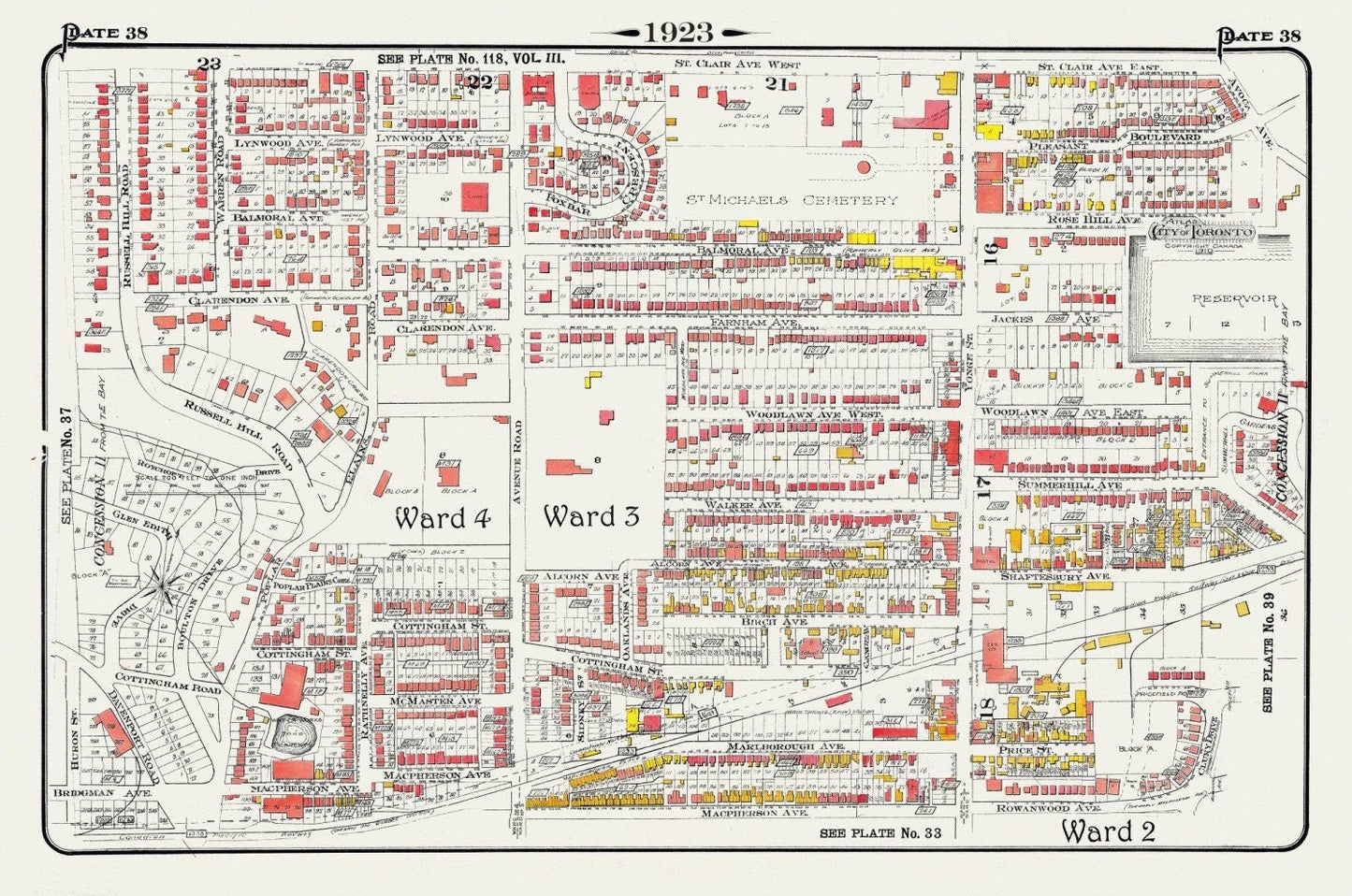 Plate 38, Toronto Uptown, Rosedale, Cottingham, Forest Hill South, 1923, Map on heavy cotton canvas, 18x27in. approx. - The Map Chest