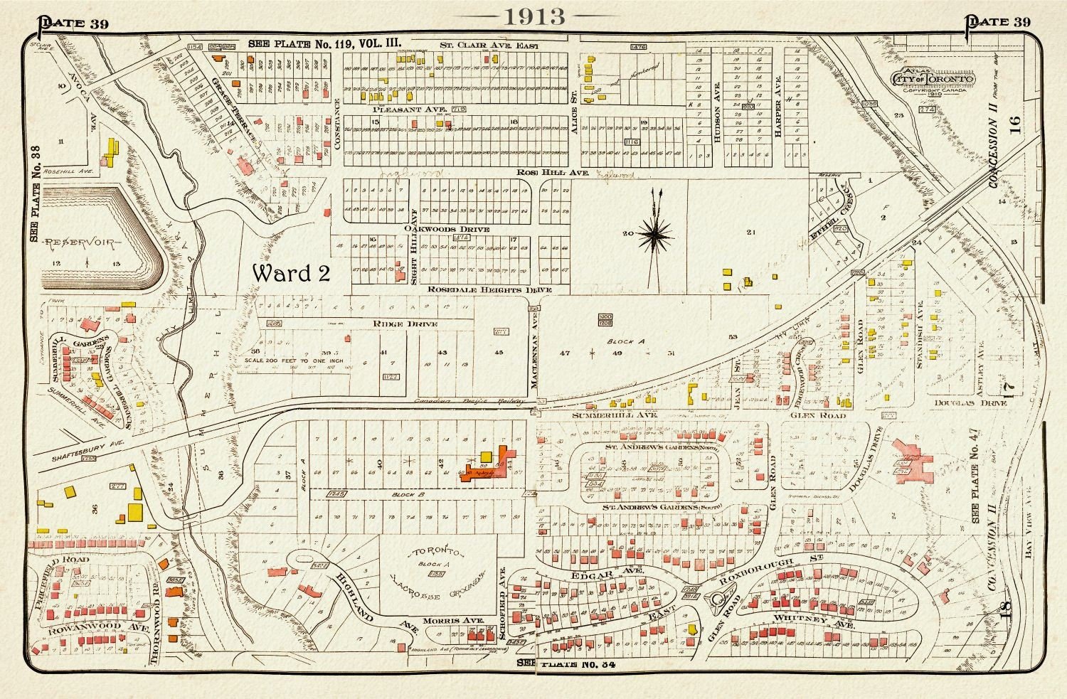 Plate 39 Toronto Uptown East, Rosedale North, Moore Park, 1913, map on heavy cotton canvas, 20 x 30" approx. - The Map Chest