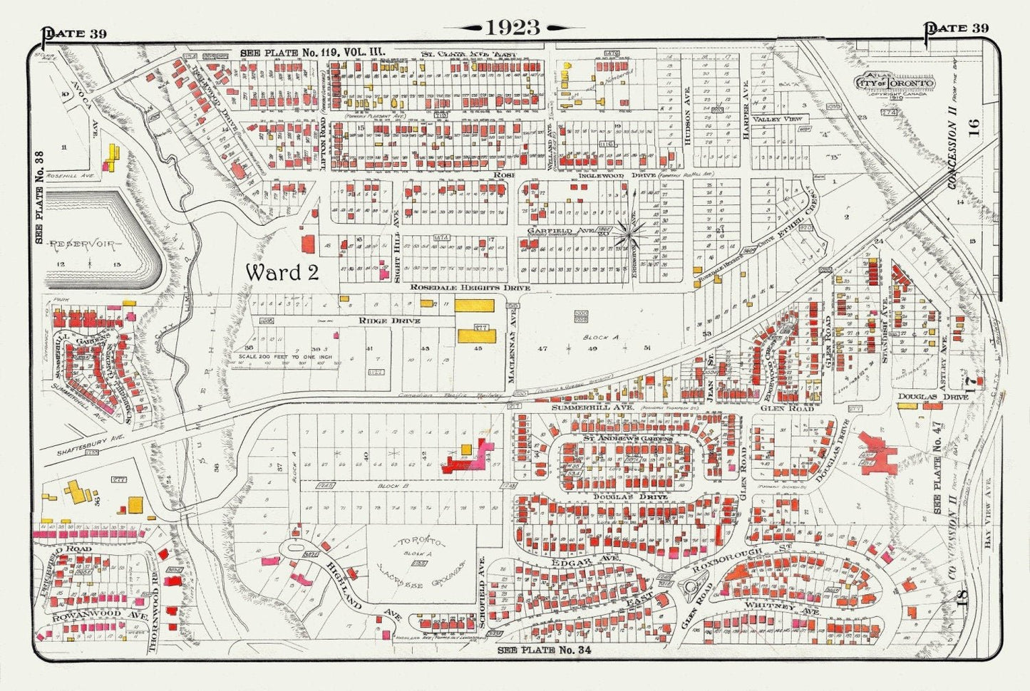 Plate 39, Toronto Uptown, Rosedale & Moore Park, 1923, Map on heavy cotton canvas, 18x27in. approx. - The Map Chest